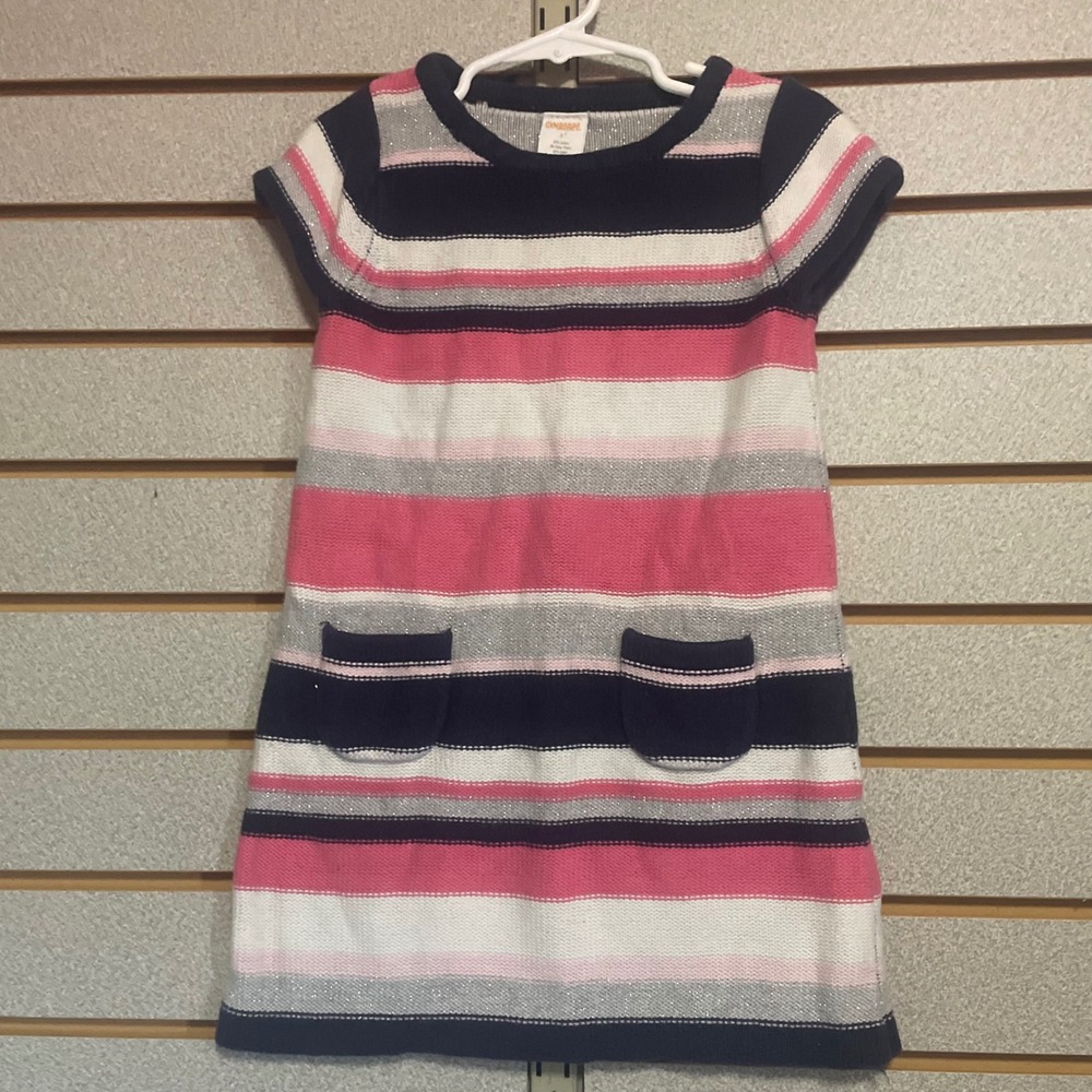 Gymboree Girls Size 5 Striped Sweater Dress Pink Navy Blue Metallic Sparkle Knit
